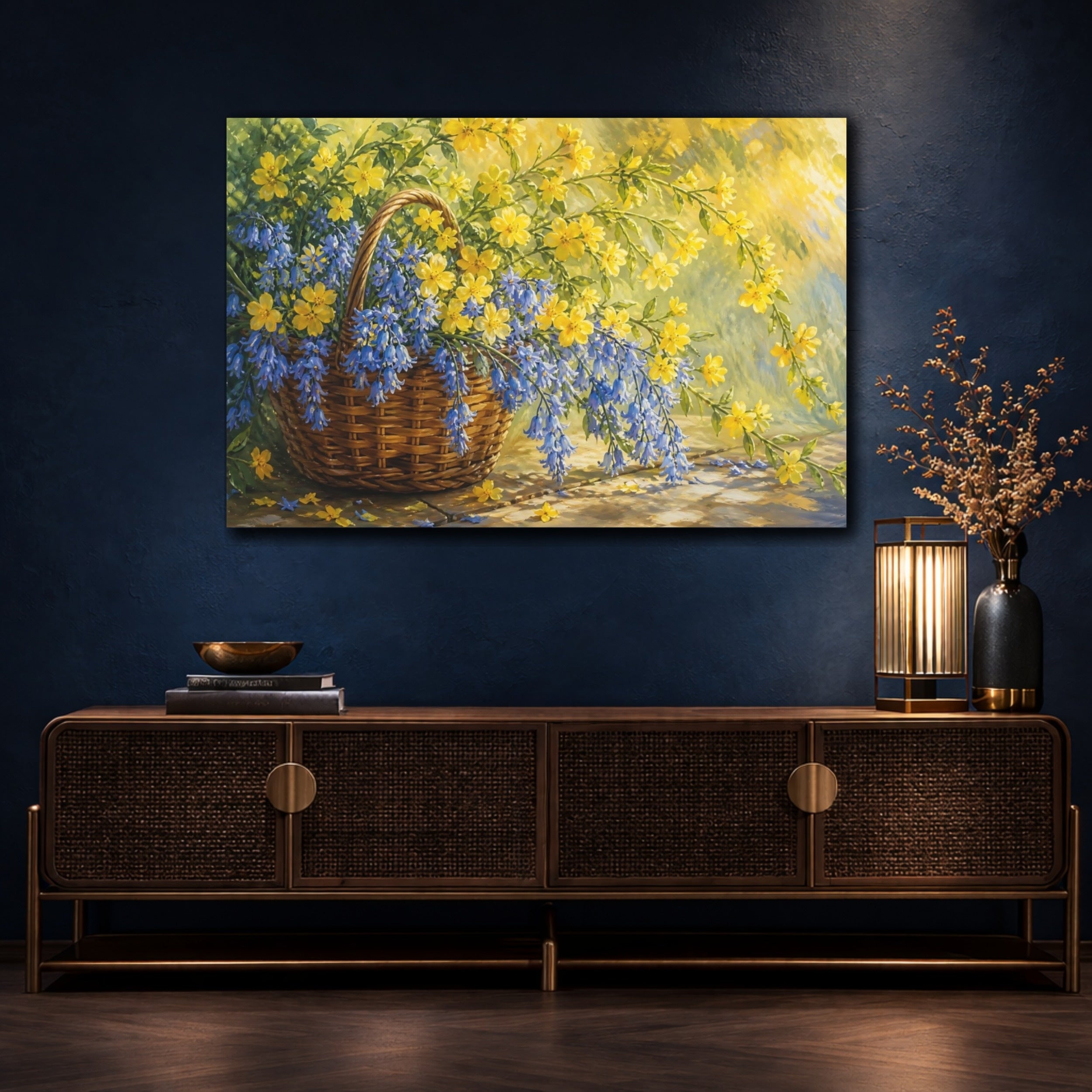 Mockup 4. Floral Flower Basket Blue And Yellow Floral shown as stretched canvas wall art