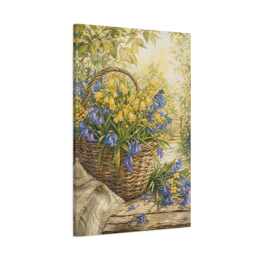 Main Mockup. Floral Flower Basket Blue And Yellow Flowers shown as stretched canvas wall art