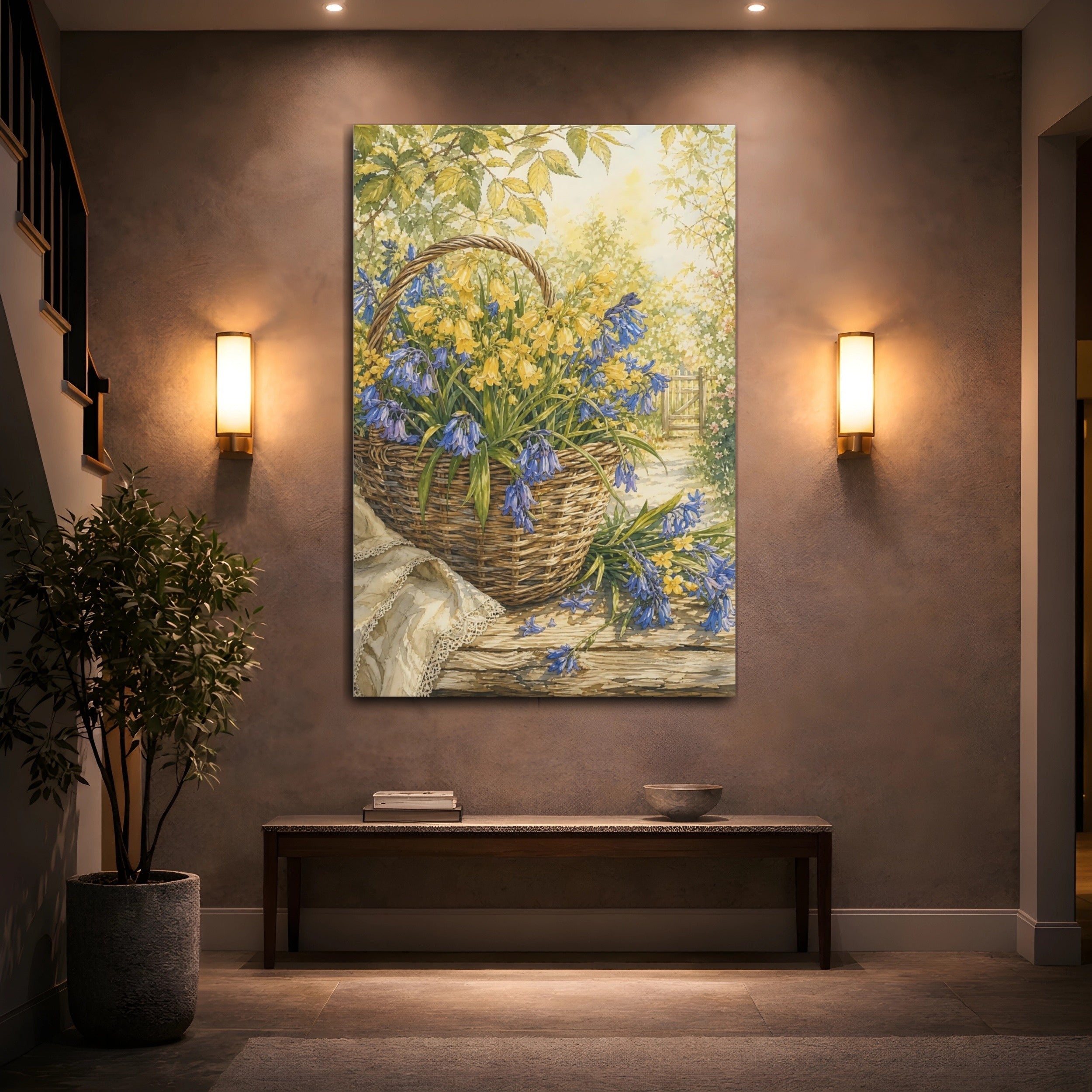 Mockup 2. Floral Flower Basket Blue And Yellow Flowers shown as stretched canvas wall art