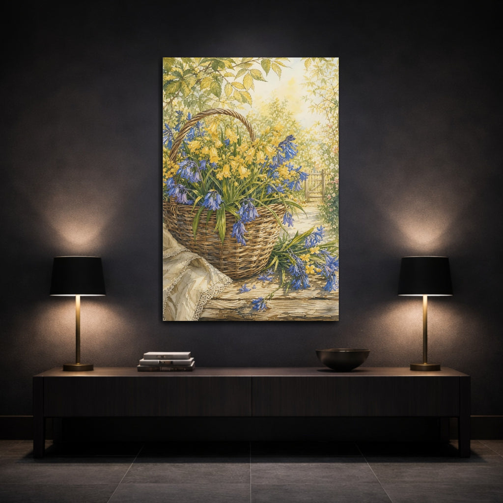 Mockup 3. Floral Flower Basket Blue And Yellow Flowers shown as stretched canvas wall art