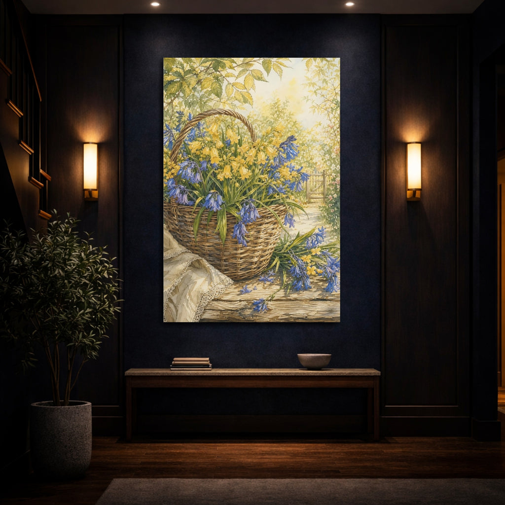 Mockup 4. Floral Flower Basket Blue And Yellow Flowers shown as stretched canvas wall art