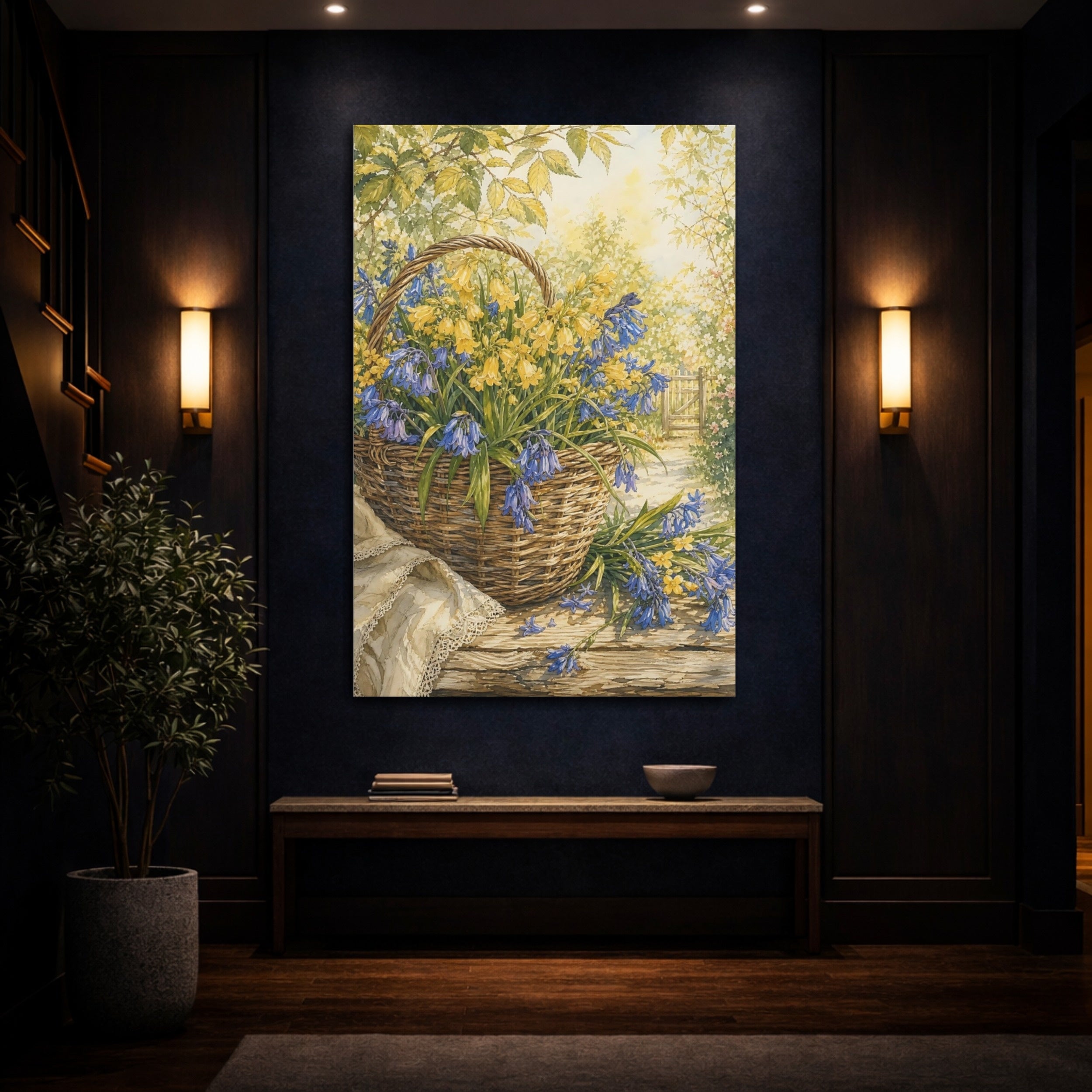 Mockup 4. Floral Flower Basket Blue And Yellow Flowers shown as stretched canvas wall art