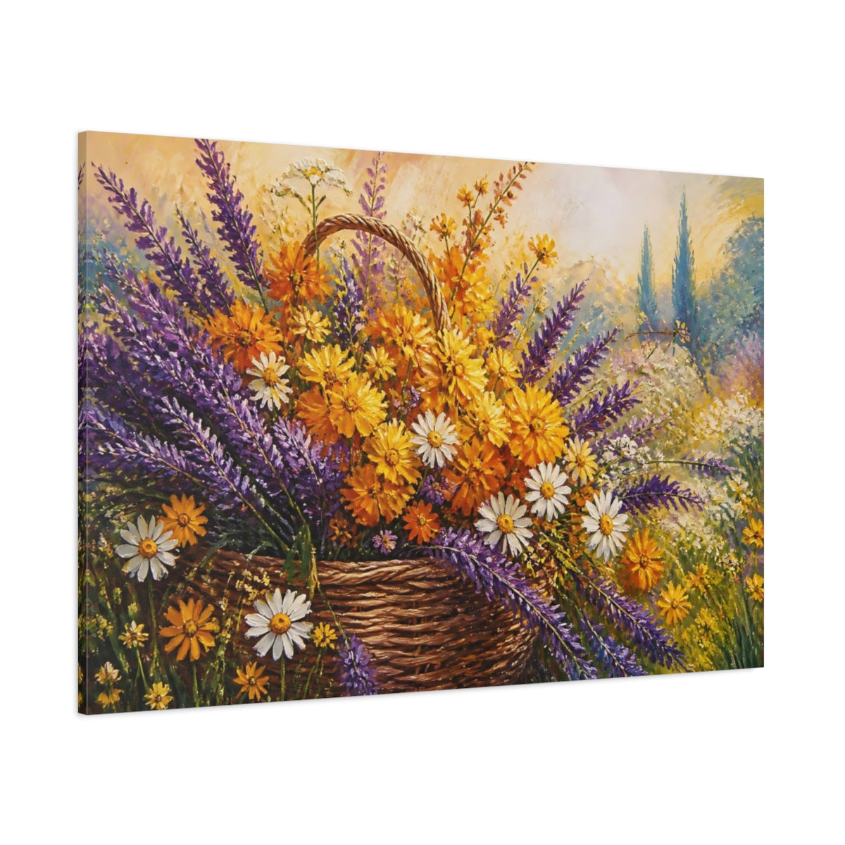 Side Mockup 1. Floral Flower Basket Purple Yellow Floral shown as stretched canvas wall art