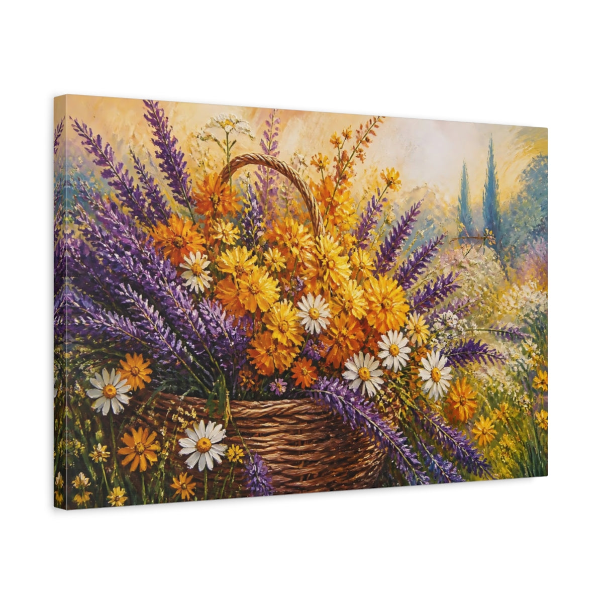 Side Mockup 3. Floral Flower Basket Purple Yellow Floral shown as stretched canvas wall art
