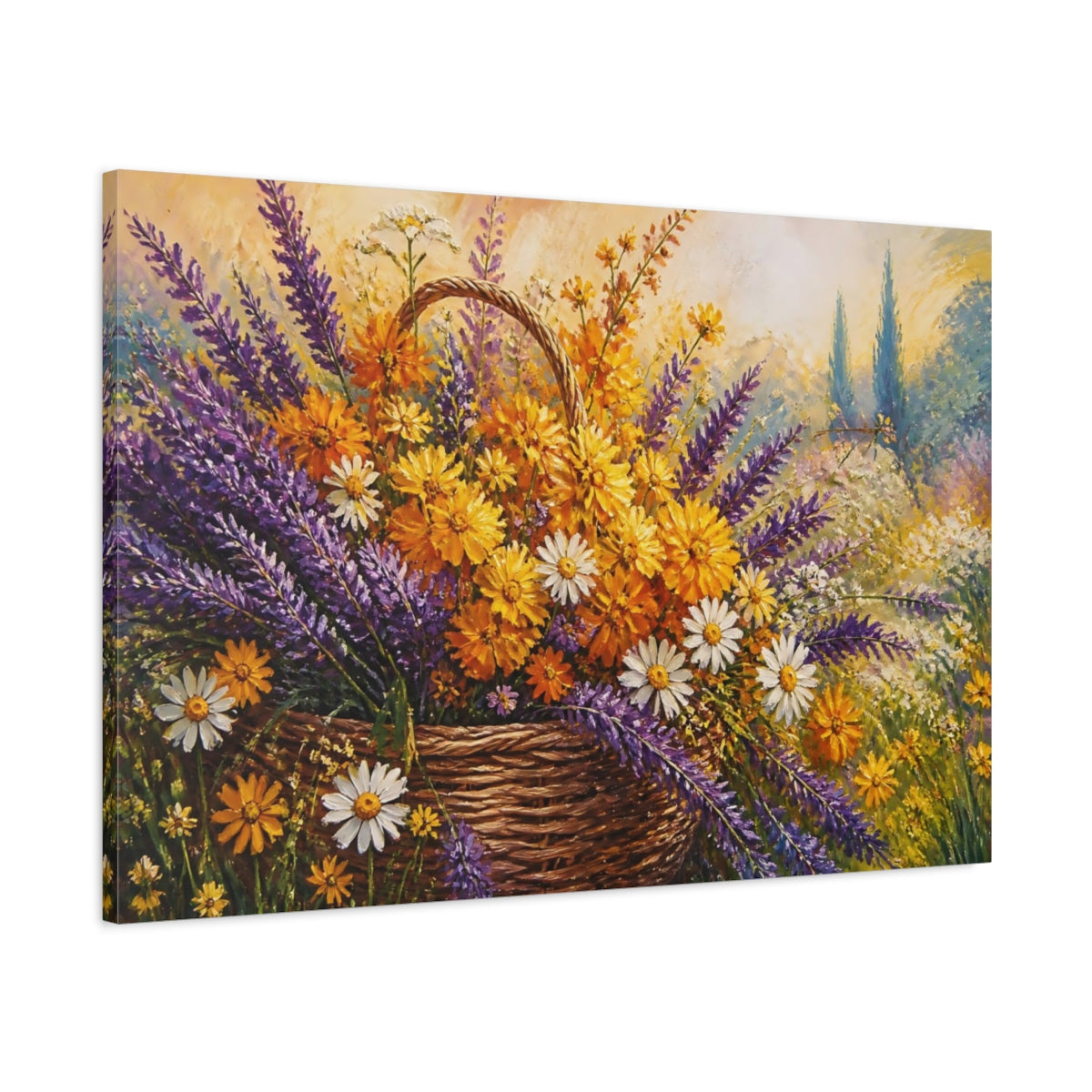 Main Mockup. Floral Flower Basket Purple Yellow Floral shown as stretched canvas wall art
