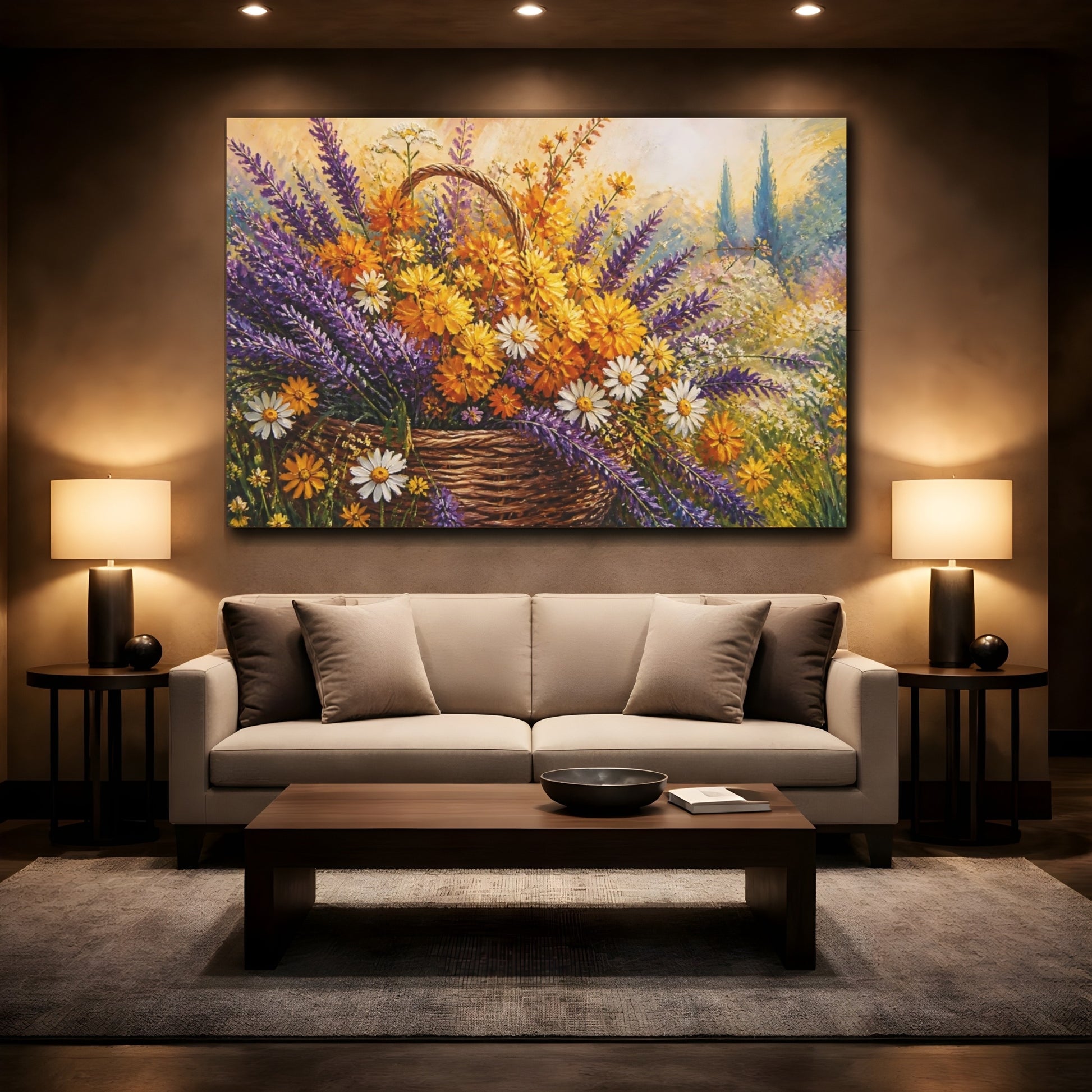 Mockup 2. Floral Flower Basket Purple Yellow Floral shown as stretched canvas wall art
