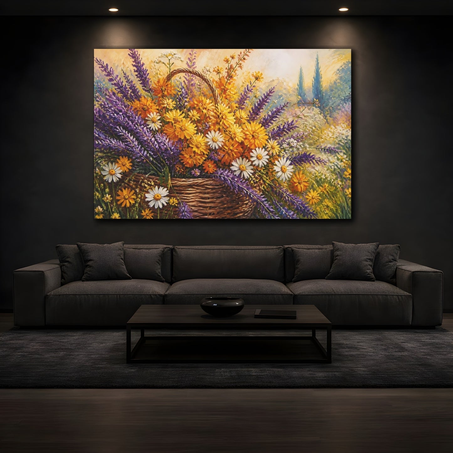 Mockup 3. Floral Flower Basket Purple Yellow Floral shown as stretched canvas wall art