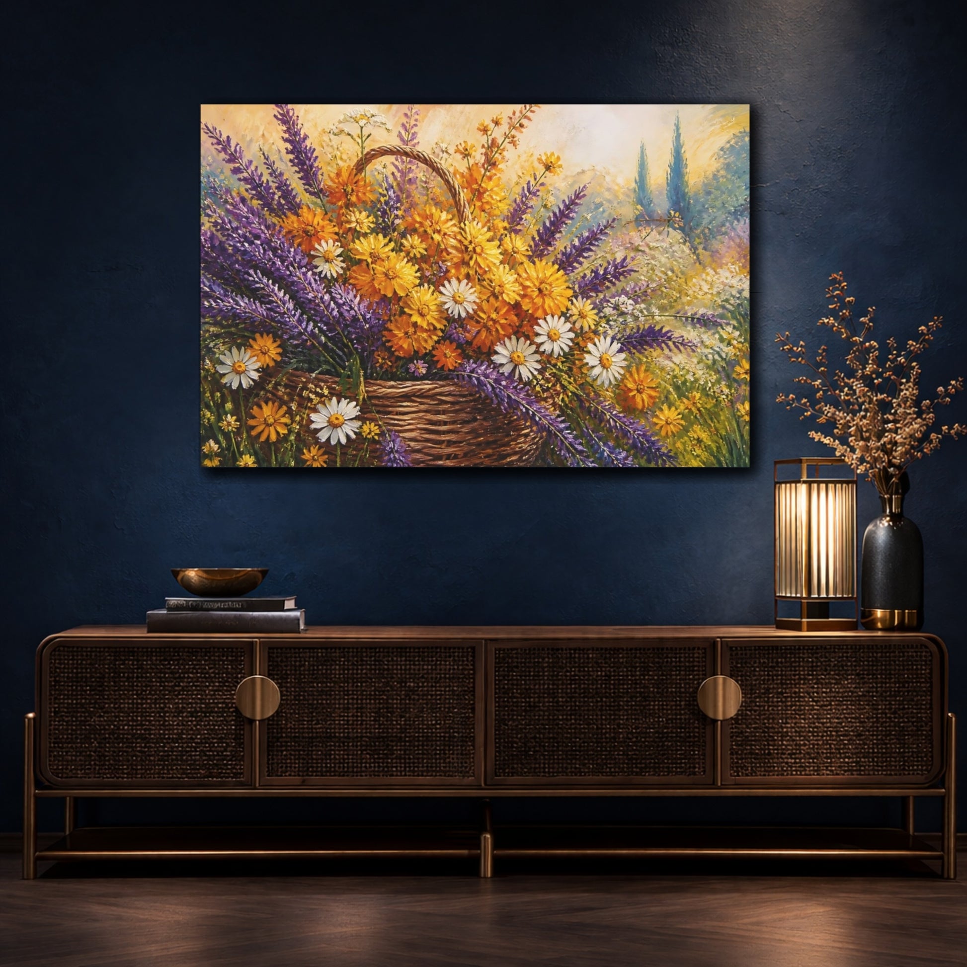 Mockup 4. Floral Flower Basket Purple Yellow Floral shown as stretched canvas wall art