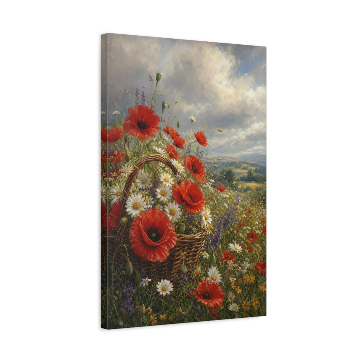 Side Mockup 3. Floral Flower Basket Red Poppies Field shown as stretched canvas wall art