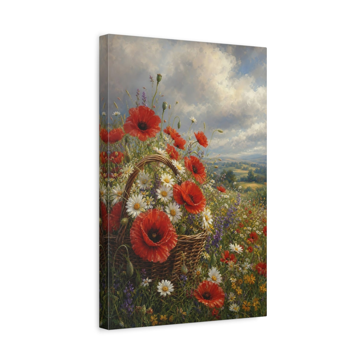 Side Mockup 4. Floral Flower Basket Red Poppies Field shown as stretched canvas wall art