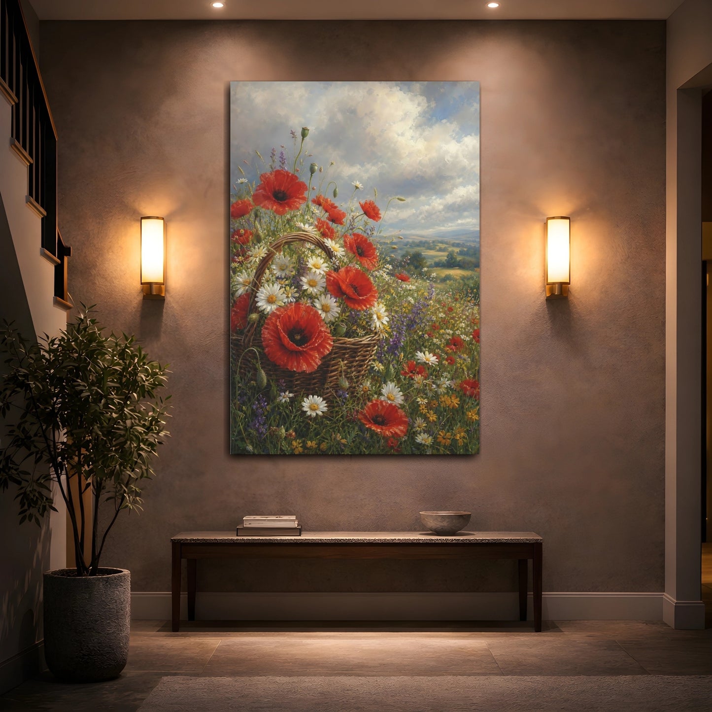Mockup 2. Floral Flower Basket Red Poppies Field shown as stretched canvas wall art