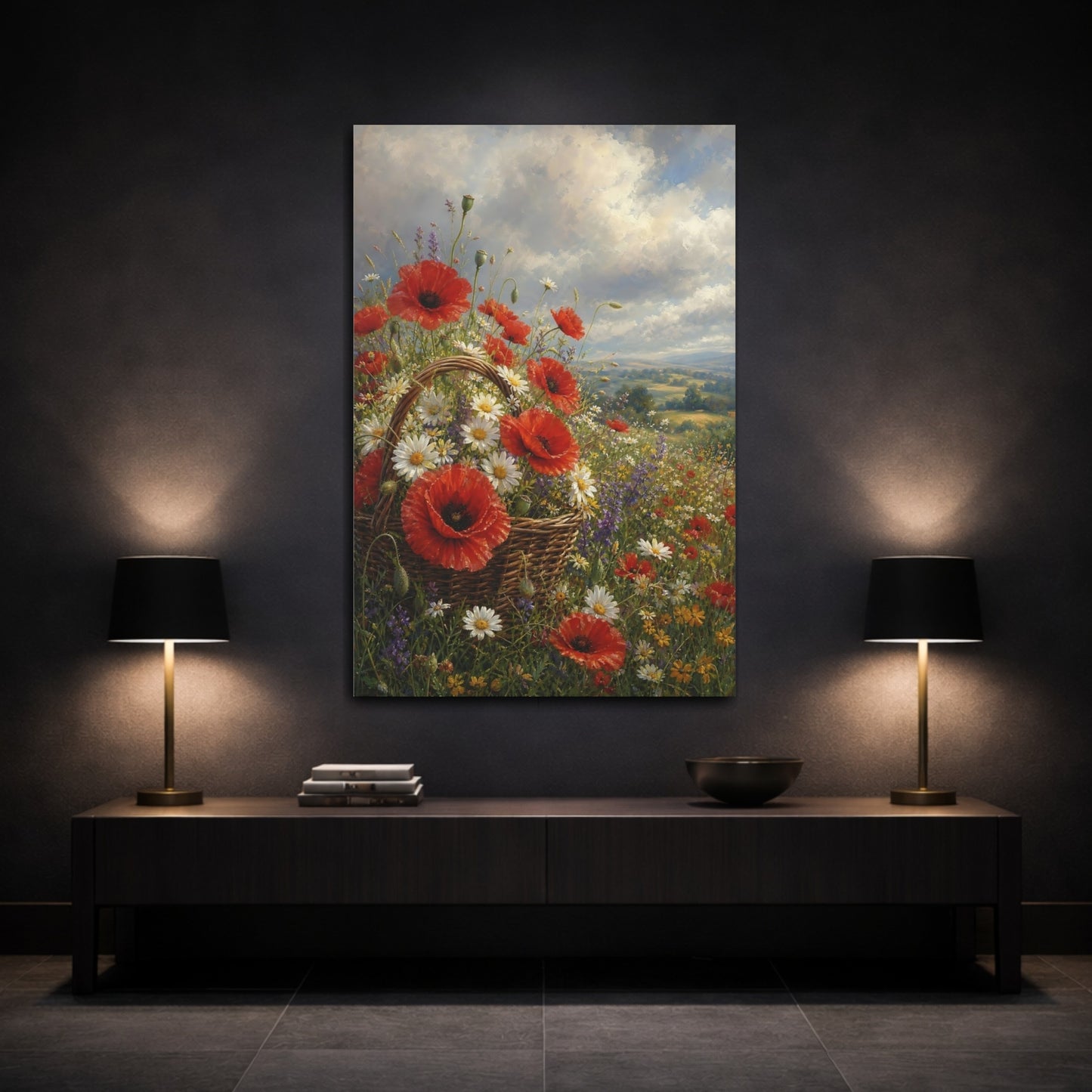 Mockup 3. Floral Flower Basket Red Poppies Field shown as stretched canvas wall art