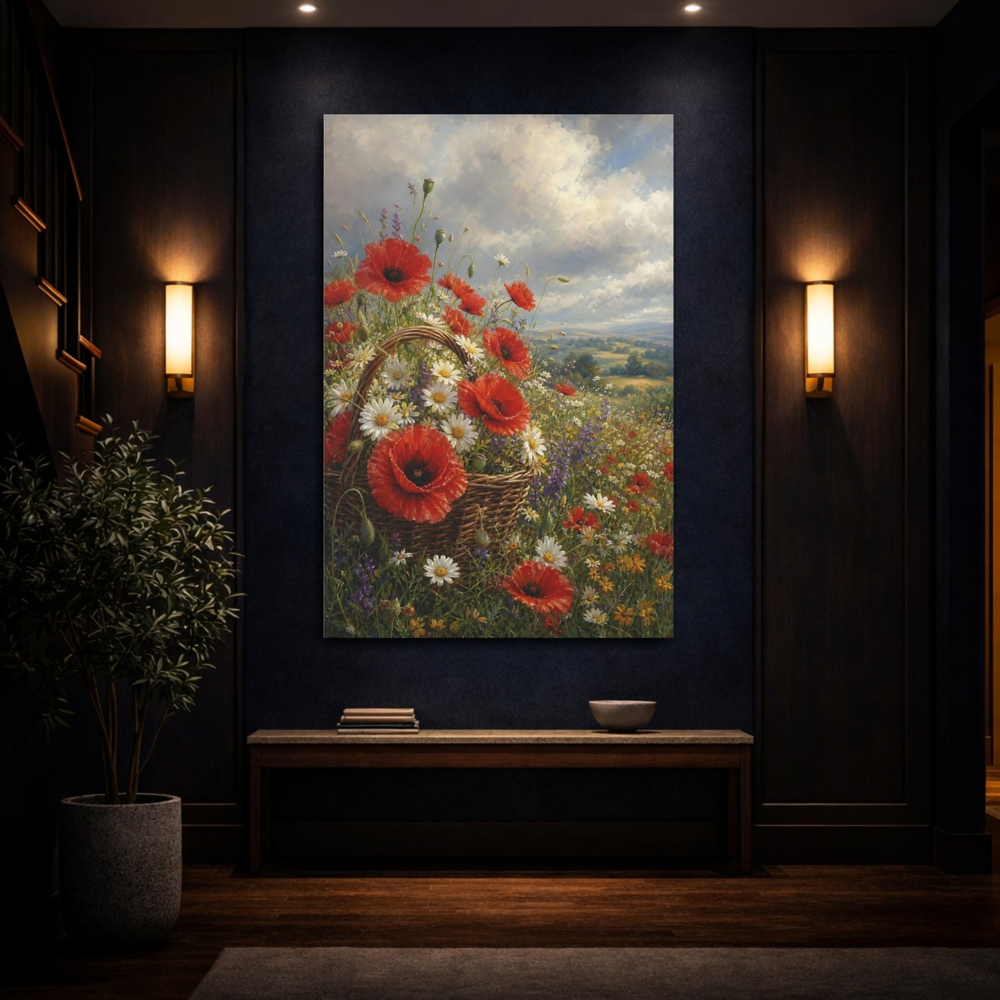Mockup 4. Floral Flower Basket Red Poppies Field shown as stretched canvas wall art