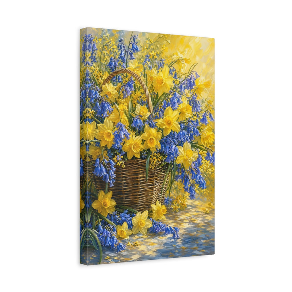 Side Mockup 4. Floral Flower Basket Yellow Blue Flowers shown as stretched canvas wall art