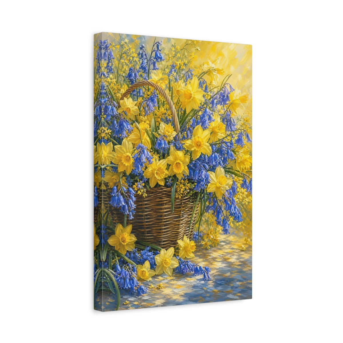 Side Mockup 4. Floral Flower Basket Yellow Blue Flowers shown as stretched canvas wall art