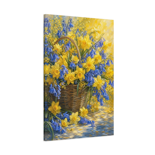 Main Mockup. Floral Flower Basket Yellow Blue Flowers shown as stretched canvas wall art