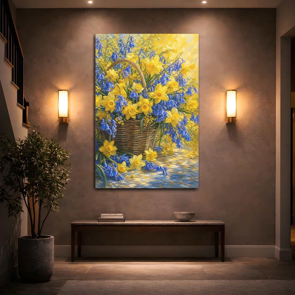 Mockup 2. Floral Flower Basket Yellow Blue Flowers shown as stretched canvas wall art