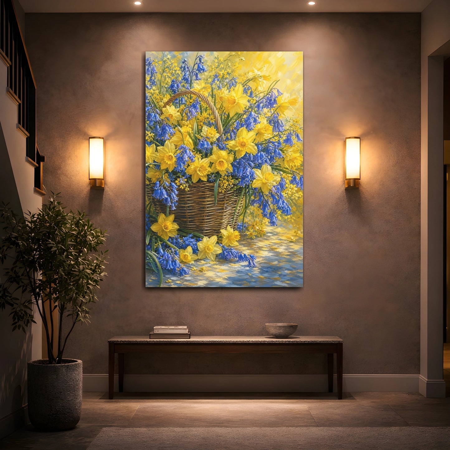 Mockup 2. Floral Flower Basket Yellow Blue Flowers shown as stretched canvas wall art