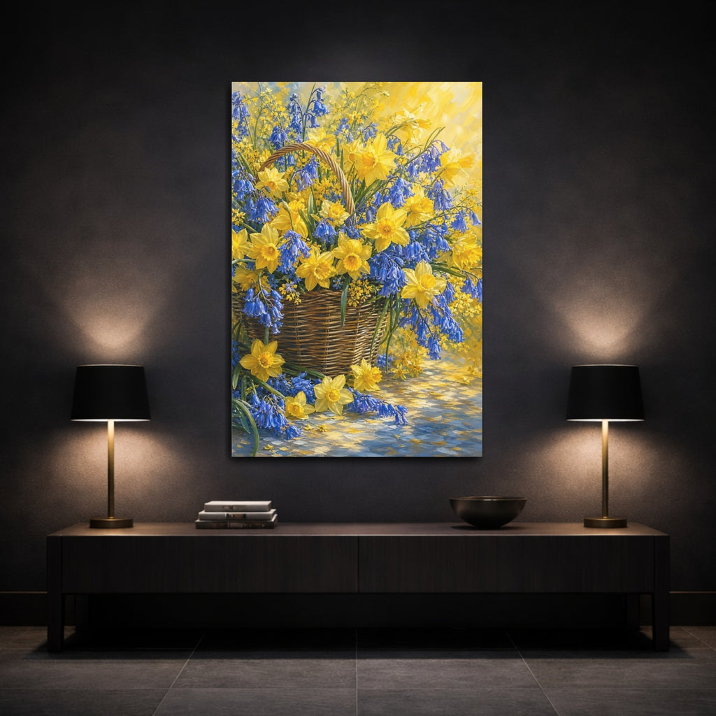 Mockup 3. Floral Flower Basket Yellow Blue Flowers shown as stretched canvas wall art