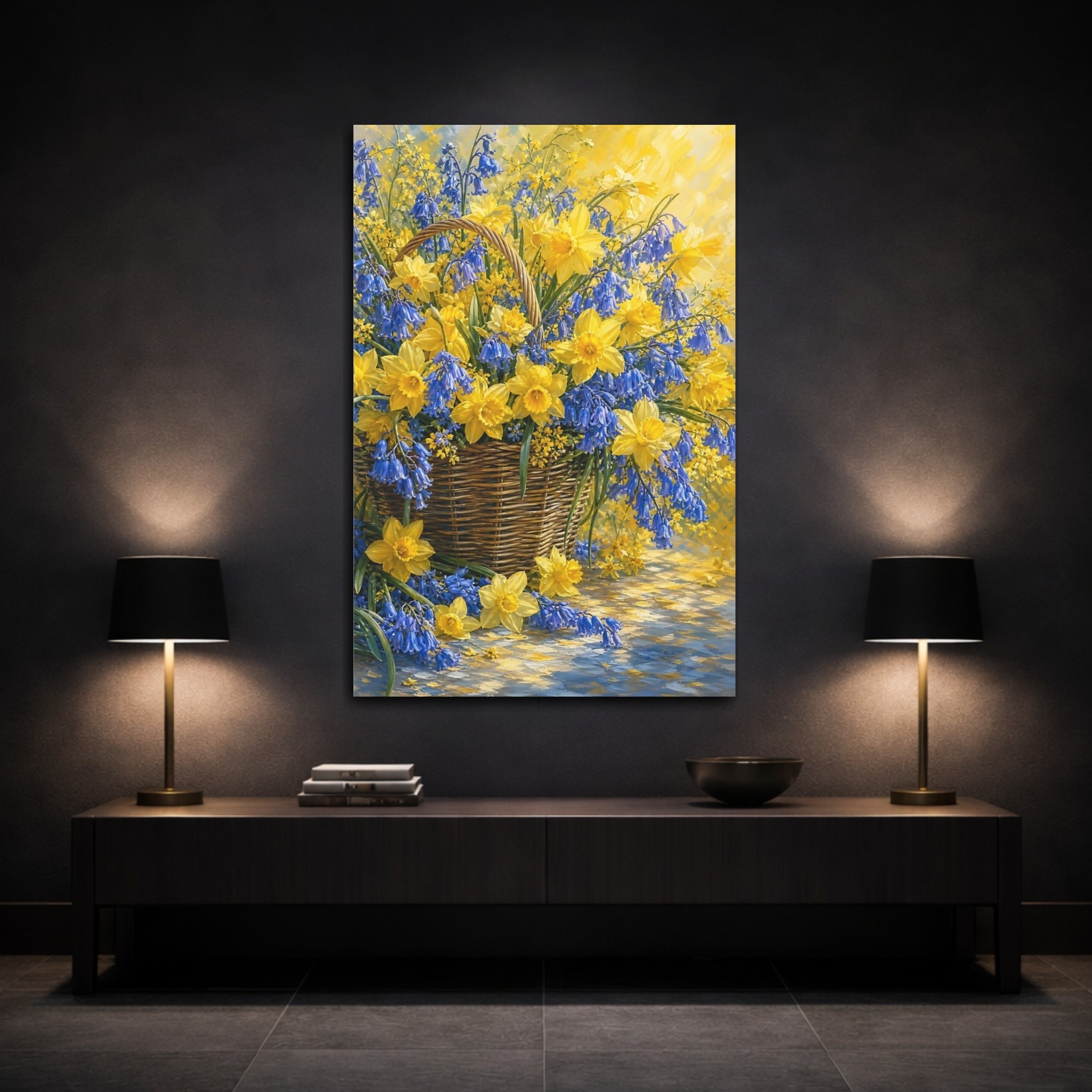 Mockup 3. Floral Flower Basket Yellow Blue Flowers shown as stretched canvas wall art