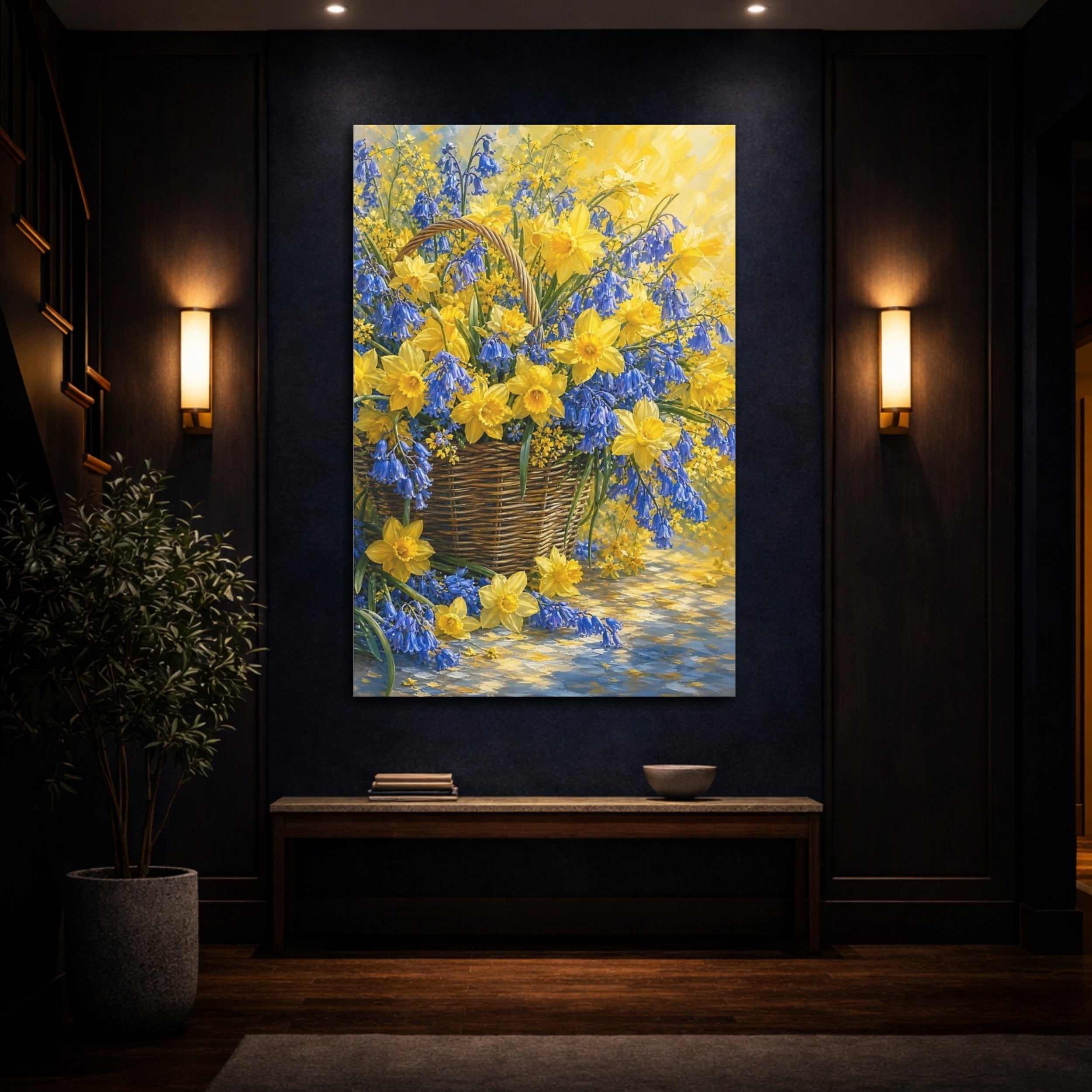 Mockup 4. Floral Flower Basket Yellow Blue Flowers shown as stretched canvas wall art