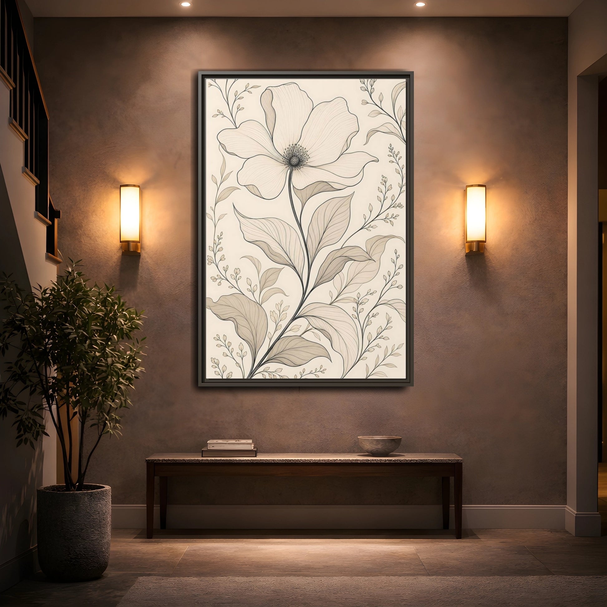 Mockup 2. Floral Flower Beige Floral shown as stretched canvas wall art