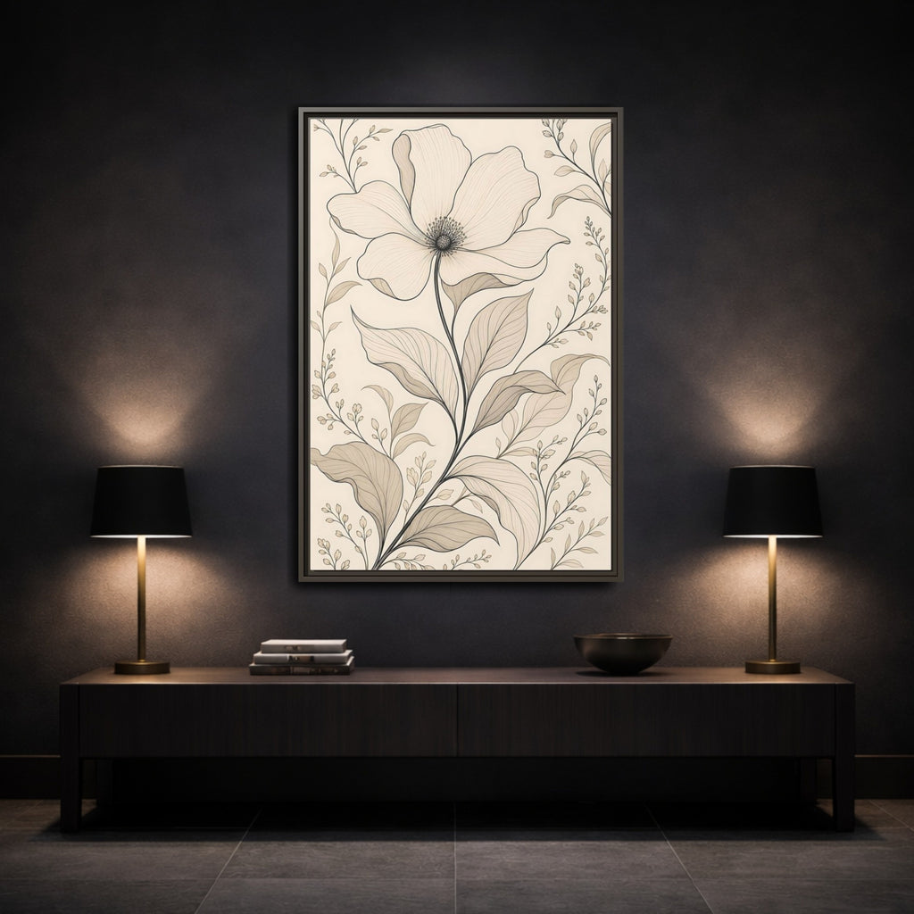 Mockup 3. Floral Flower Beige Floral shown as stretched canvas wall art
