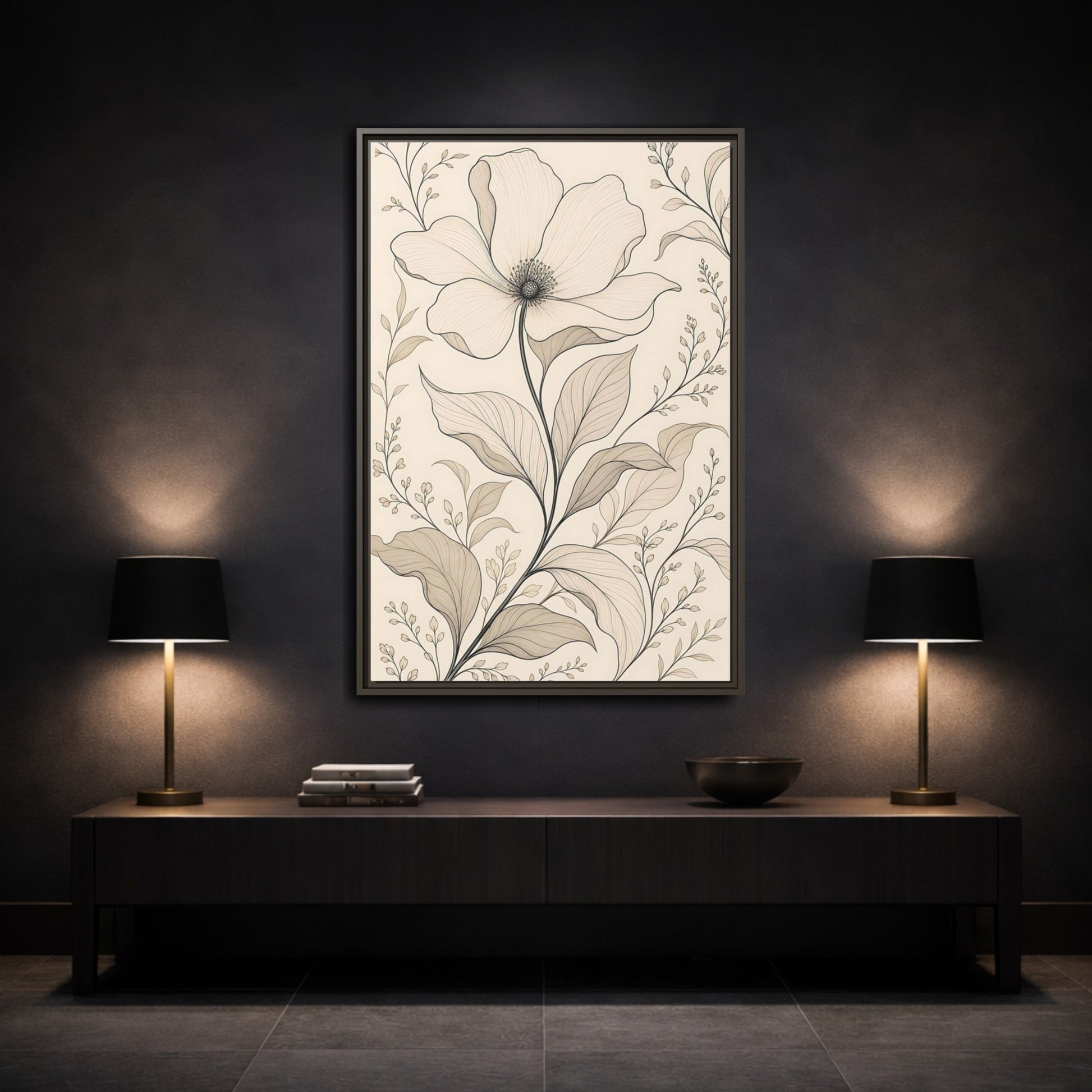 Mockup 3. Floral Flower Beige Floral shown as stretched canvas wall art