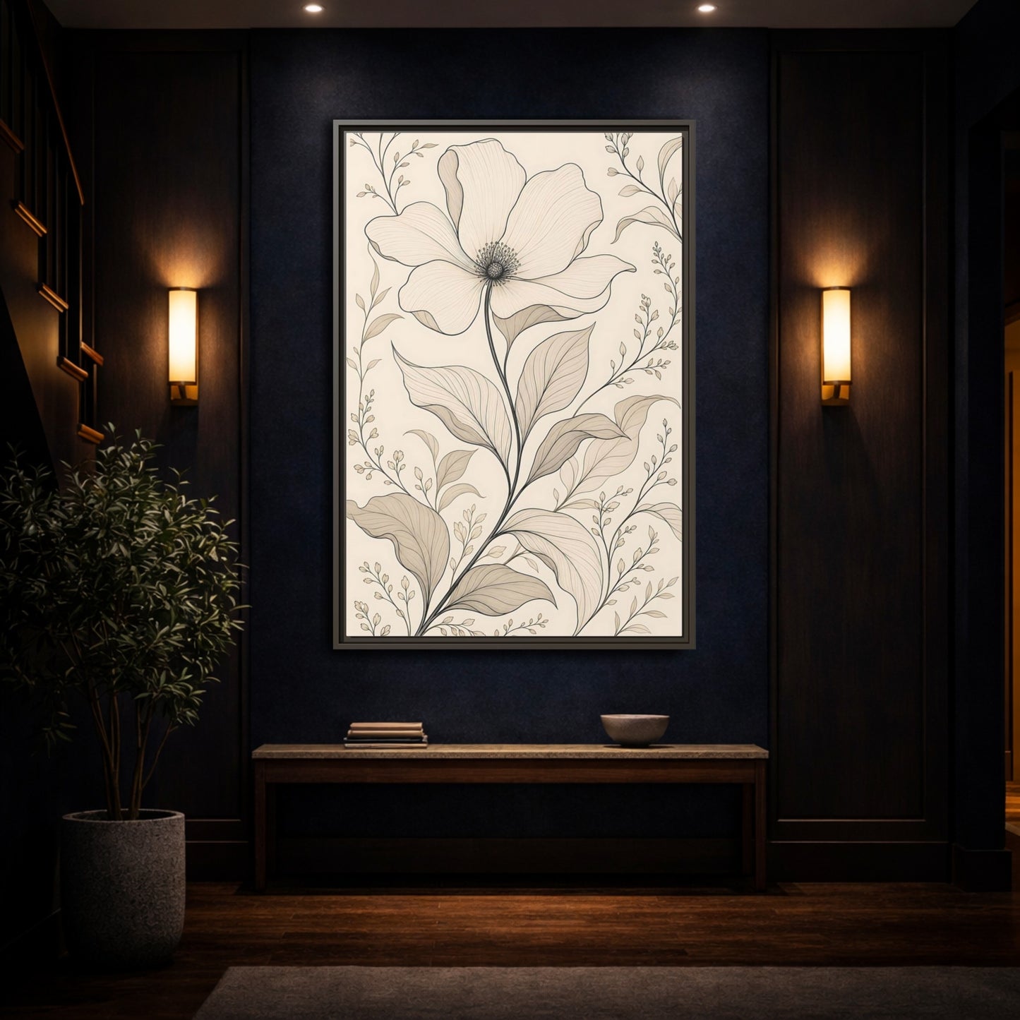 Mockup 4. Floral Flower Beige Floral shown as stretched canvas wall art