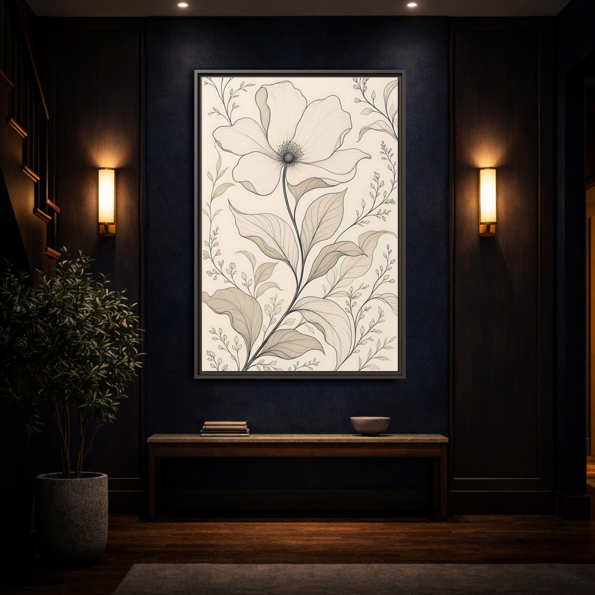 Mockup 4. Floral Flower Beige Floral shown as stretched canvas wall art