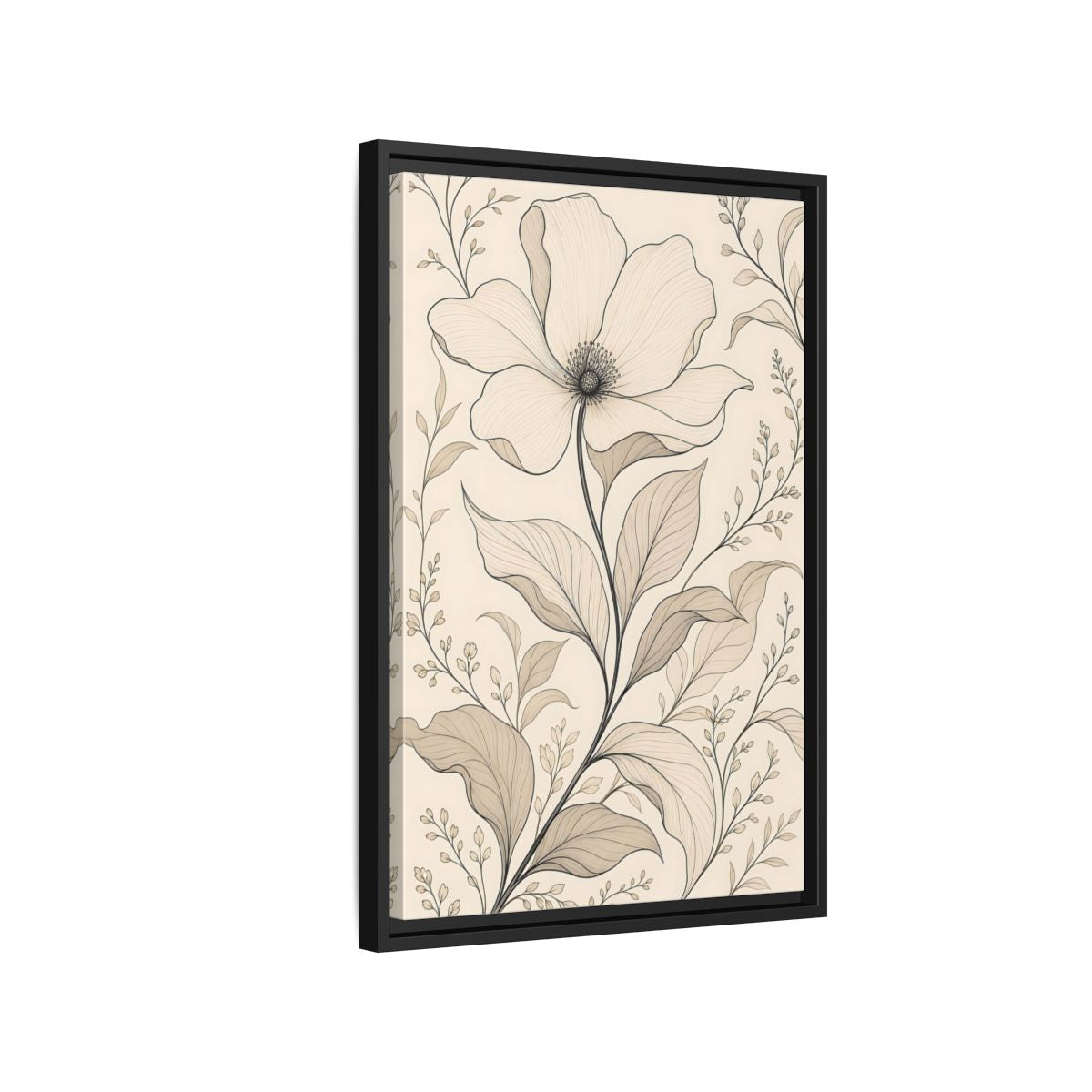 Side Mockup 3. Floral Flower Beige Floral shown as stretched canvas wall art