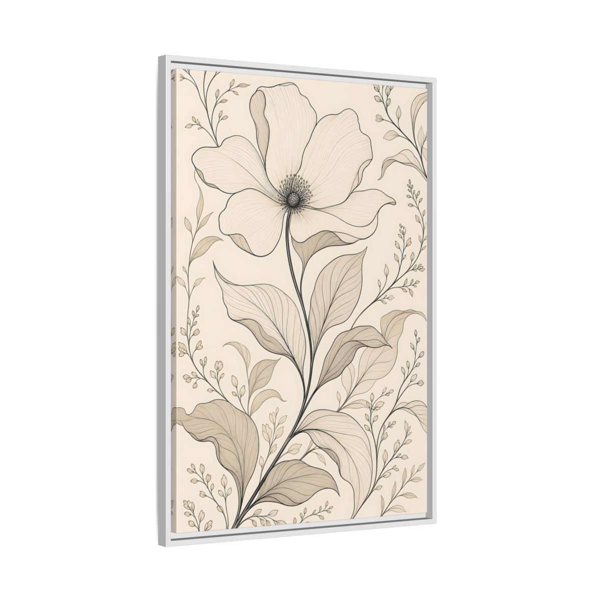 Side Mockup 9. Floral Flower Beige Floral shown as stretched canvas wall art