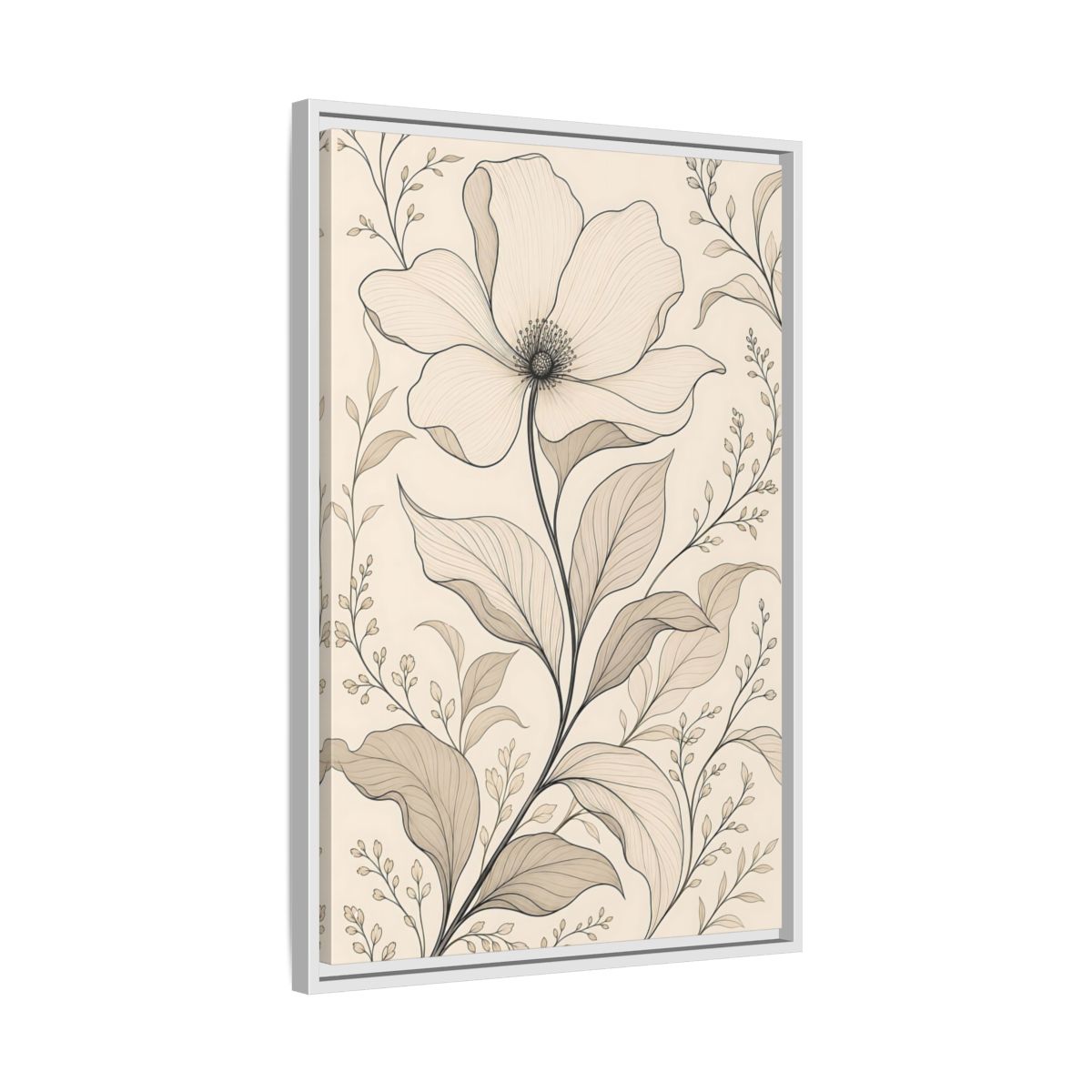 Side Mockup 10. Floral Flower Beige Floral shown as stretched canvas wall art