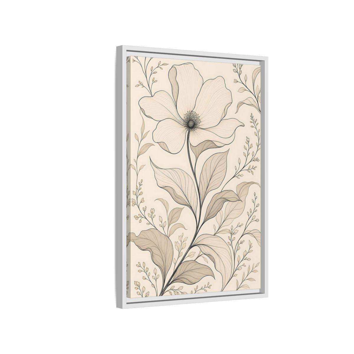 Side Mockup 1. Floral Flower Beige Floral shown as stretched canvas wall art