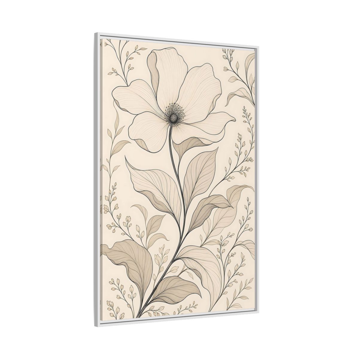 Side Mockup 7. Floral Flower Beige Floral shown as stretched canvas wall art