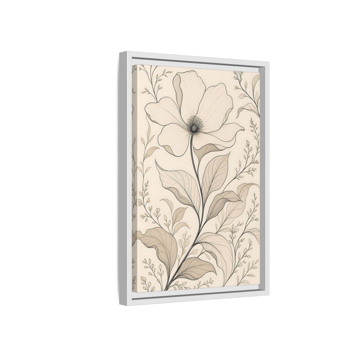 Side Mockup 4. Floral Flower Beige Floral shown as stretched canvas wall art
