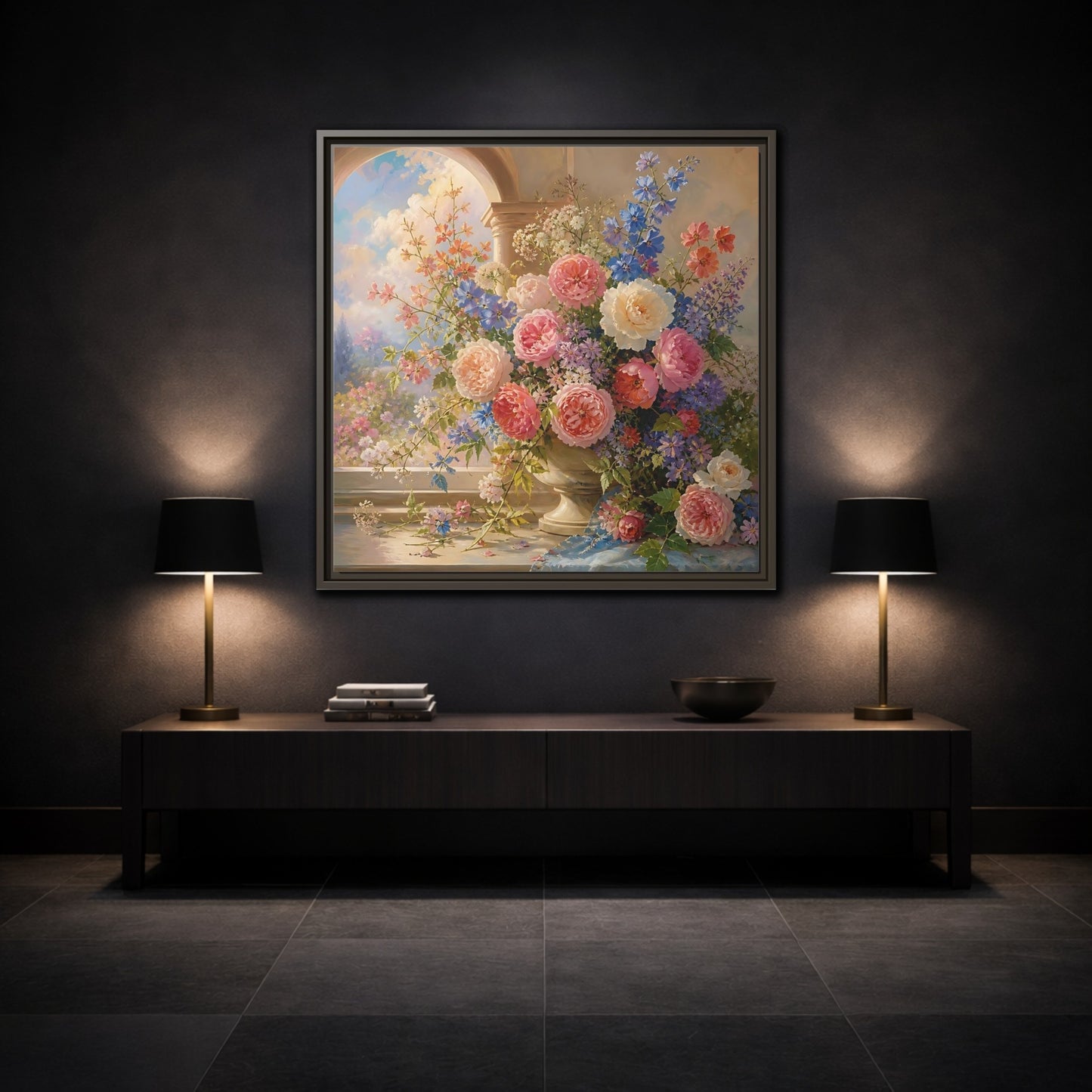 Mockup 3. Floral Flower Bouquet Colorful Floral shown as stretched canvas wall art
