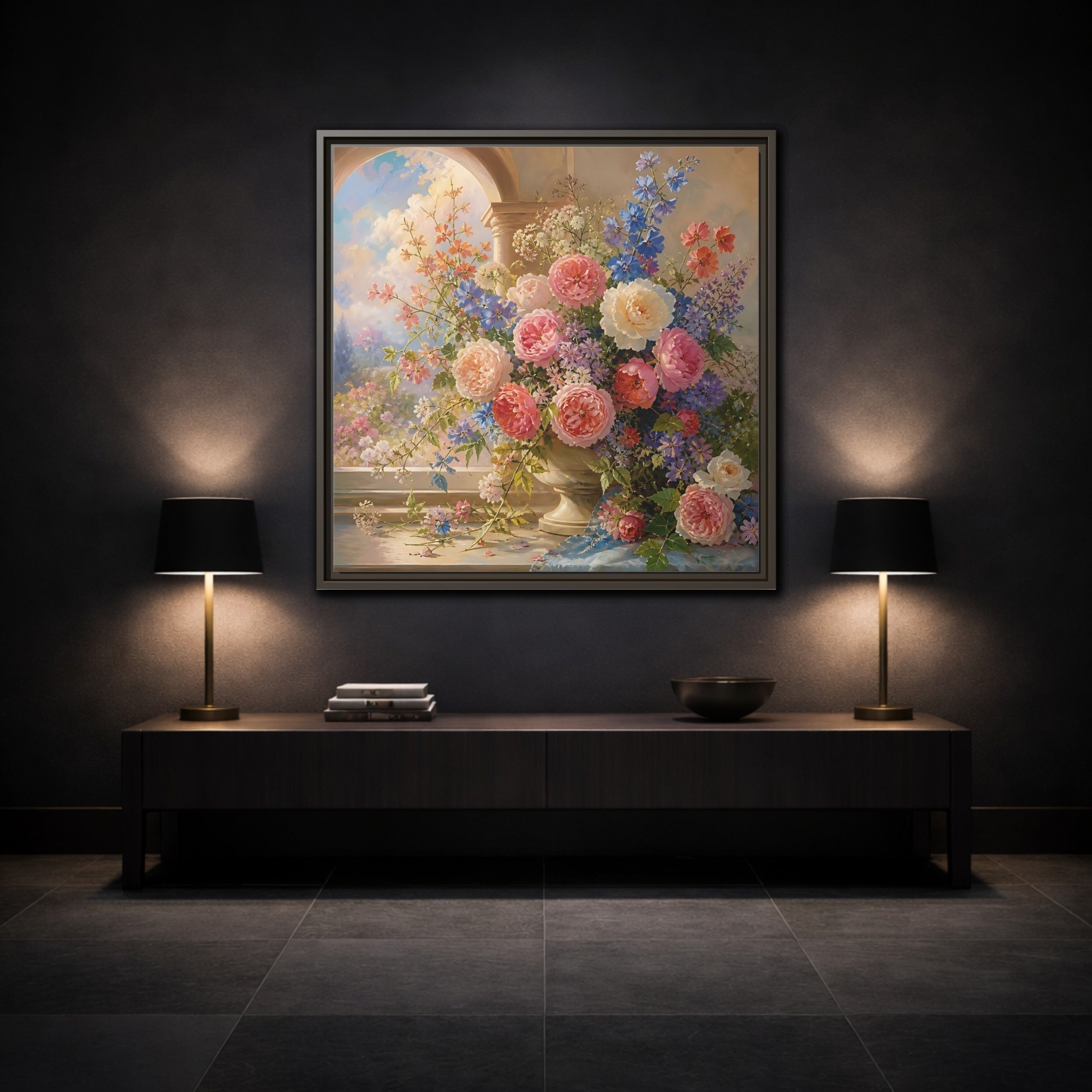 Mockup 3. Floral Flower Bouquet Colorful Floral shown as stretched canvas wall art