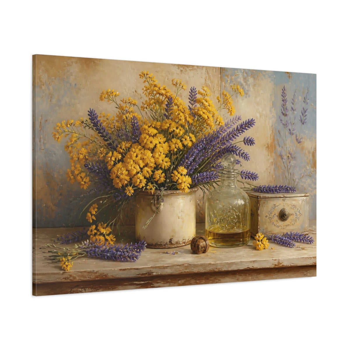 Side Mockup 1. Floral Flower Bouquet Lavender Yellow Flowers shown as stretched canvas wall art