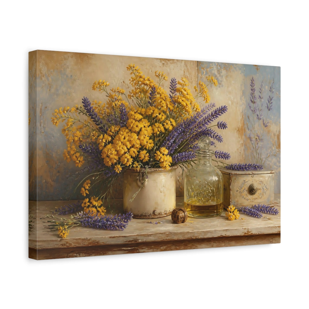 Side Mockup 4. Floral Flower Bouquet Lavender Yellow Flowers shown as stretched canvas wall art