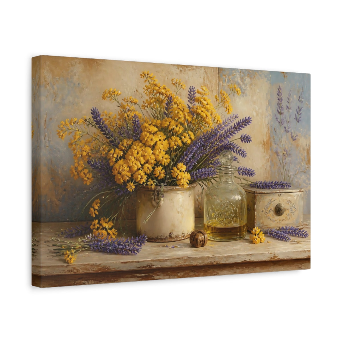Side Mockup 4. Floral Flower Bouquet Lavender Yellow Flowers shown as stretched canvas wall art