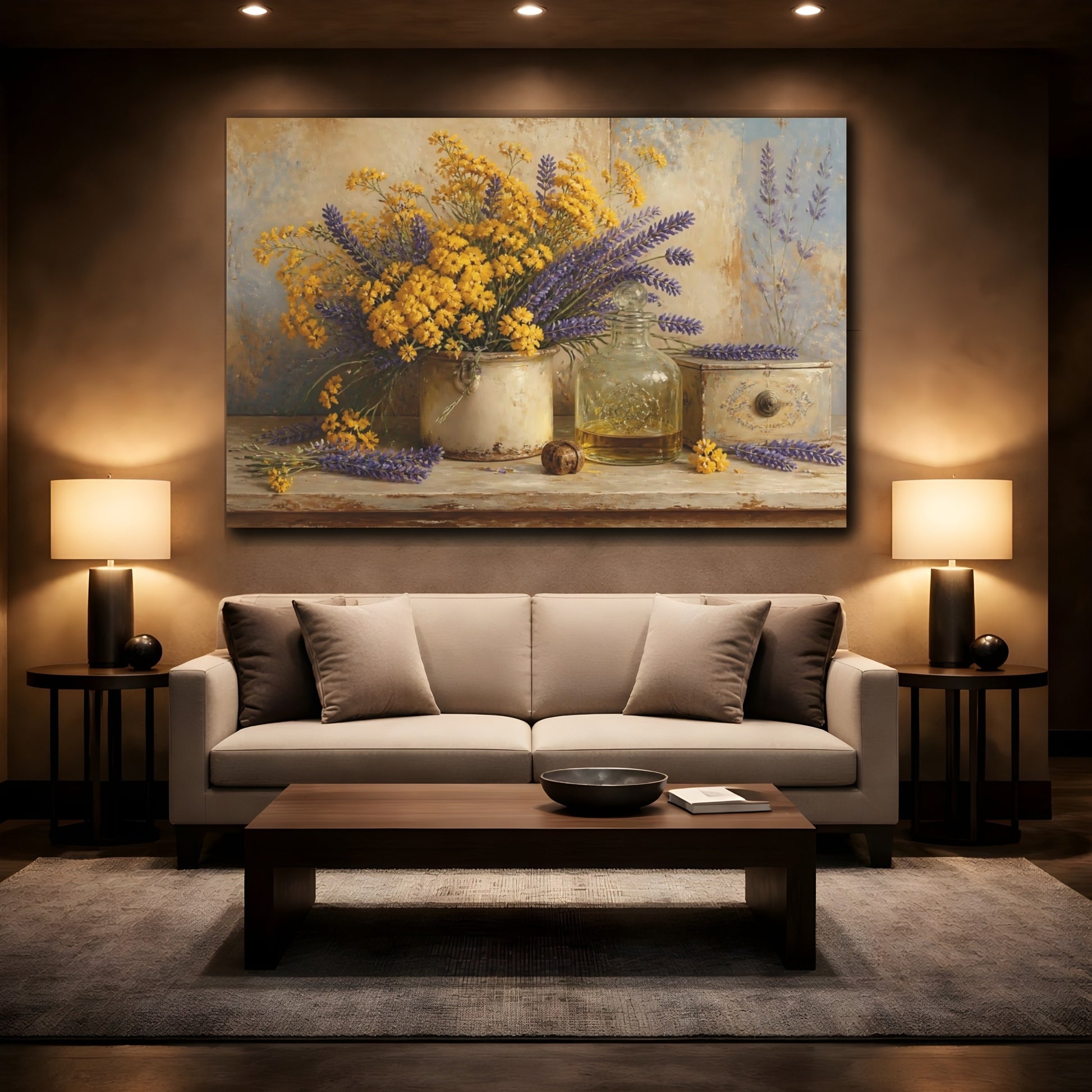 Mockup 2. Floral Flower Bouquet Lavender Yellow Flowers shown as stretched canvas wall art