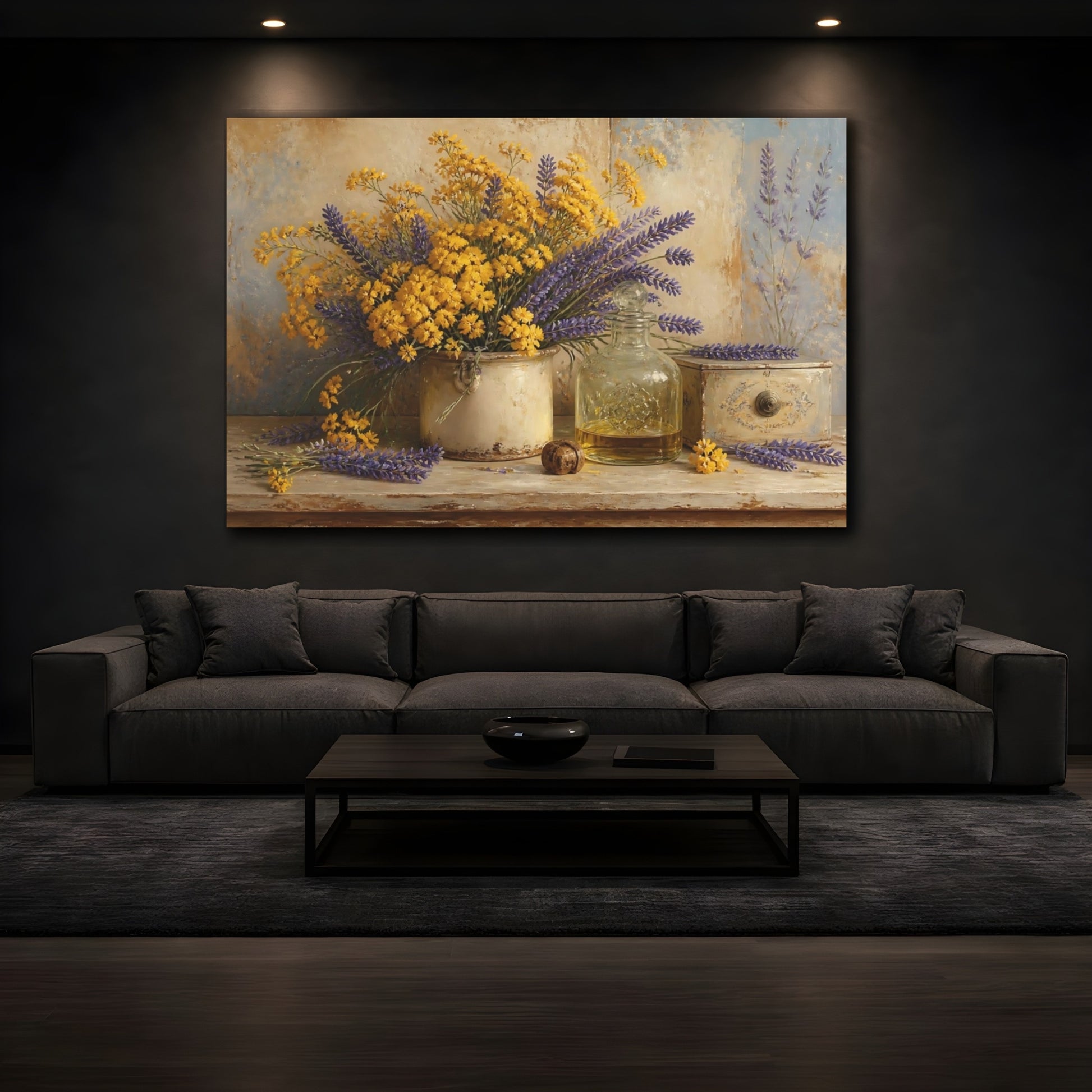 Mockup 3. Floral Flower Bouquet Lavender Yellow Flowers shown as stretched canvas wall art