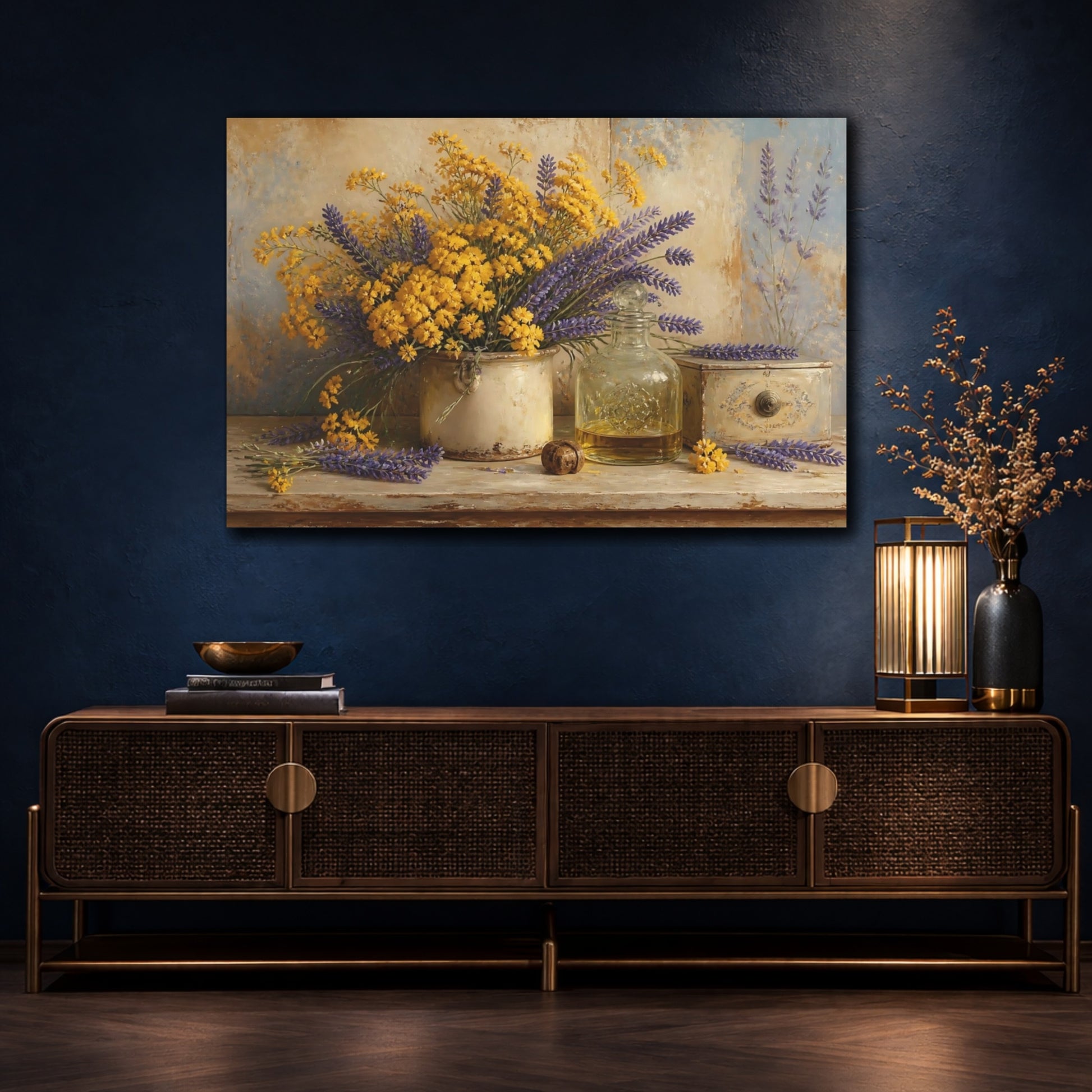 Mockup 4. Floral Flower Bouquet Lavender Yellow Flowers shown as stretched canvas wall art