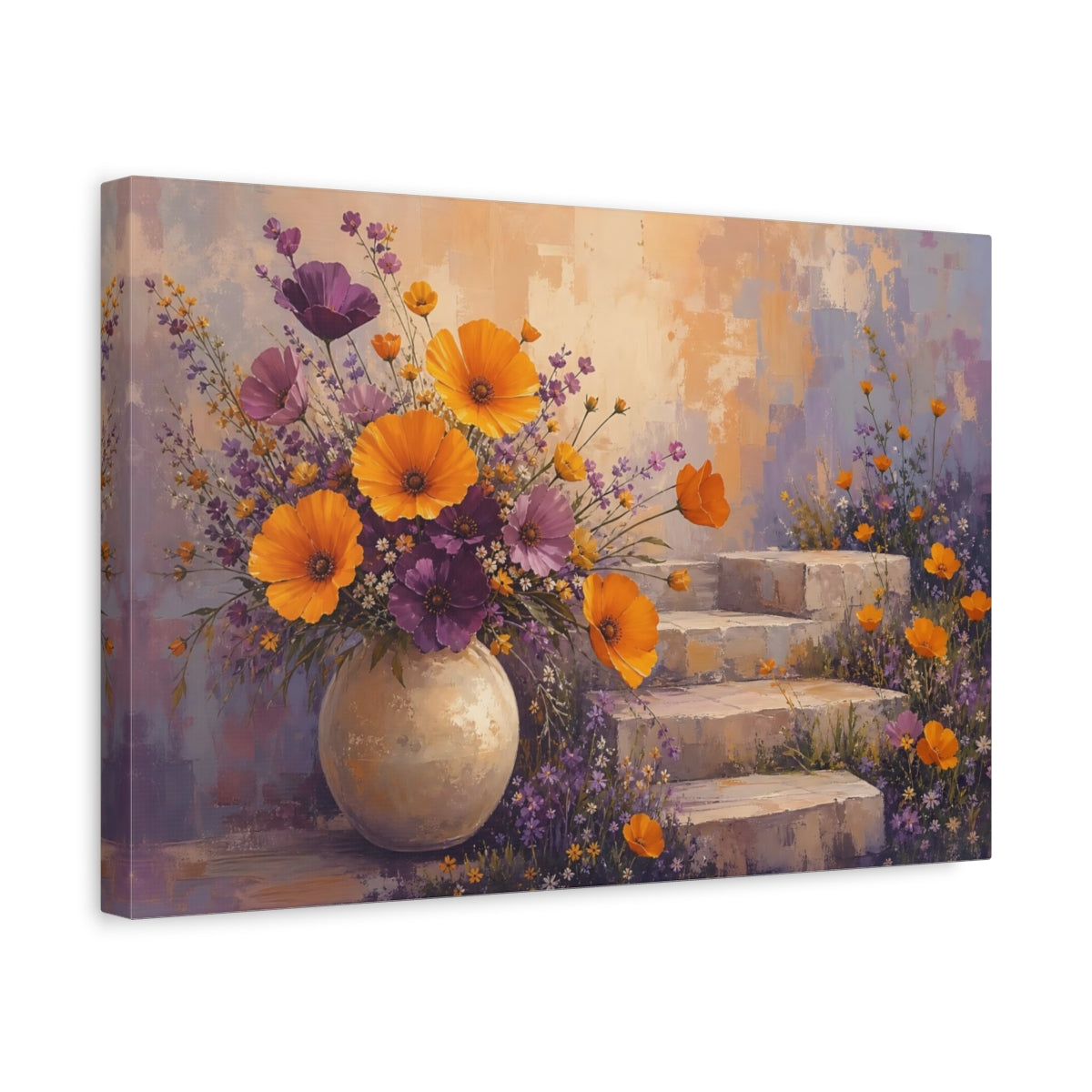 Side Mockup 4. Floral Flower Bouquet Orange And Purple Floral shown as stretched canvas wall art