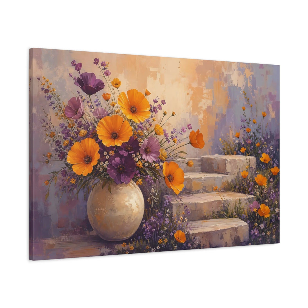 Main Mockup. Floral Flower Bouquet Orange And Purple Floral shown as stretched canvas wall art