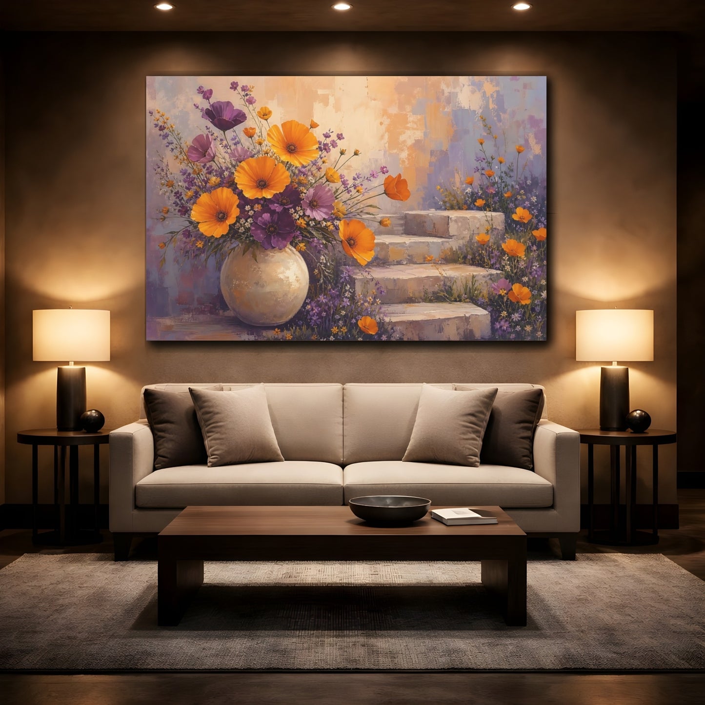 Mockup 2. Floral Flower Bouquet Orange And Purple Floral shown as stretched canvas wall art