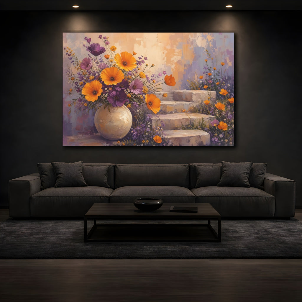 Mockup 3. Floral Flower Bouquet Orange And Purple Floral shown as stretched canvas wall art