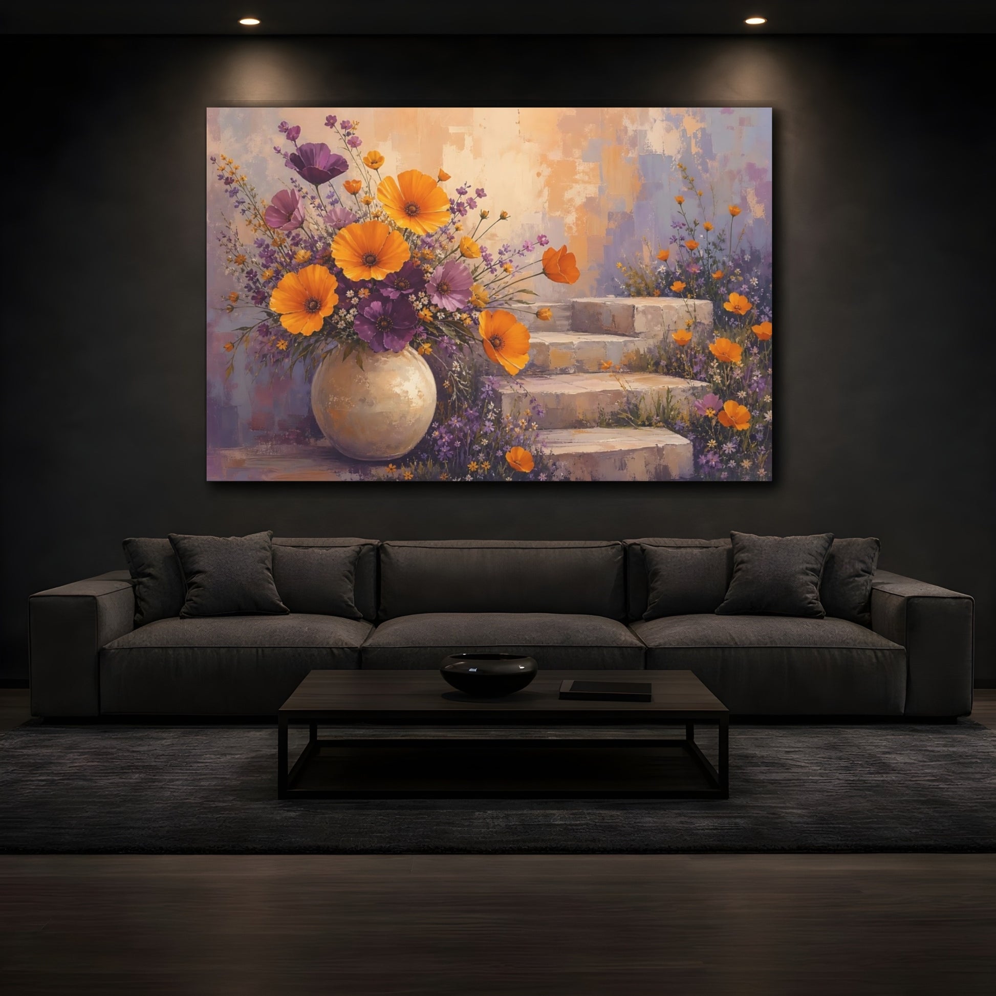 Mockup 3. Floral Flower Bouquet Orange And Purple Floral shown as stretched canvas wall art