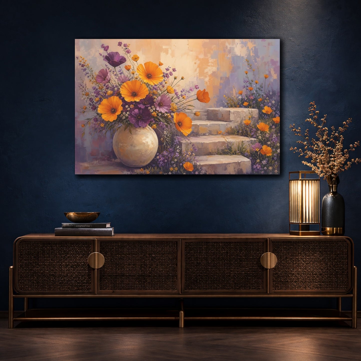 Mockup 4. Floral Flower Bouquet Orange And Purple Floral shown as stretched canvas wall art